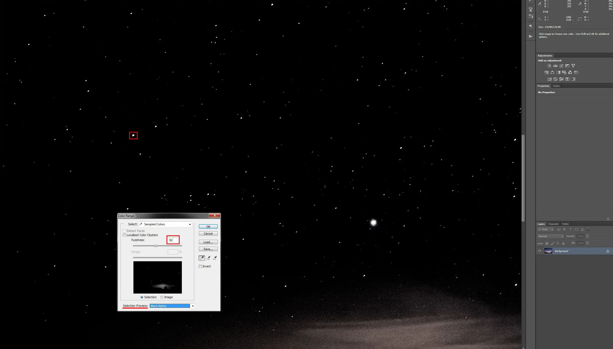 Step one in Photoshop - Boost up the Stars - Selection