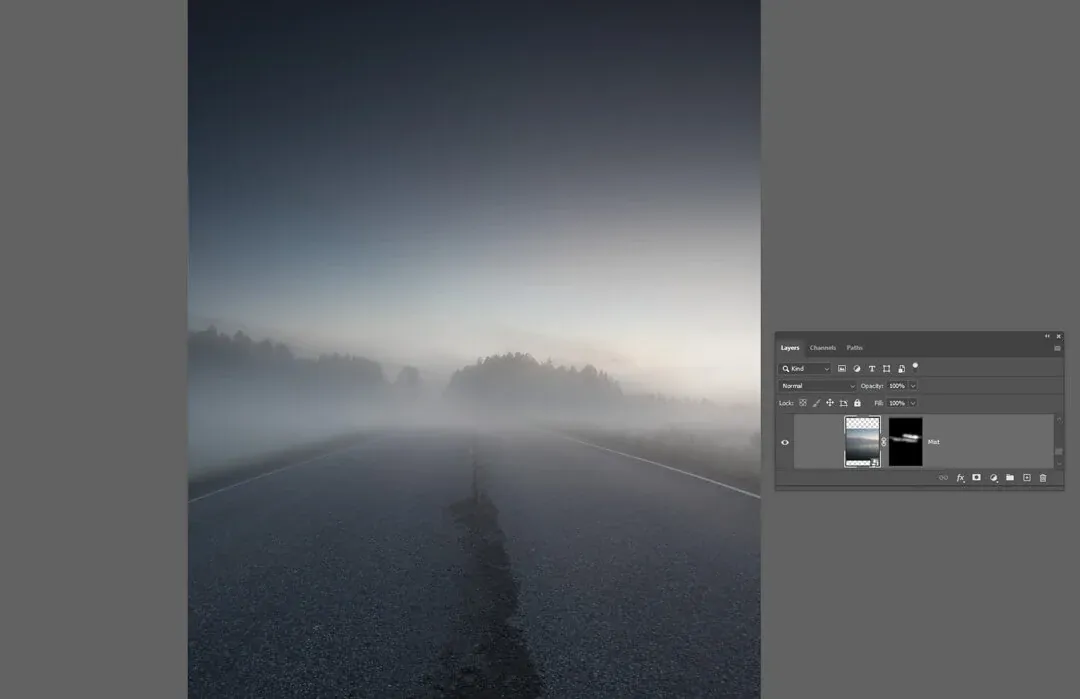 Smoothening the background with another layer of fog by using soft brush and inverted mask.