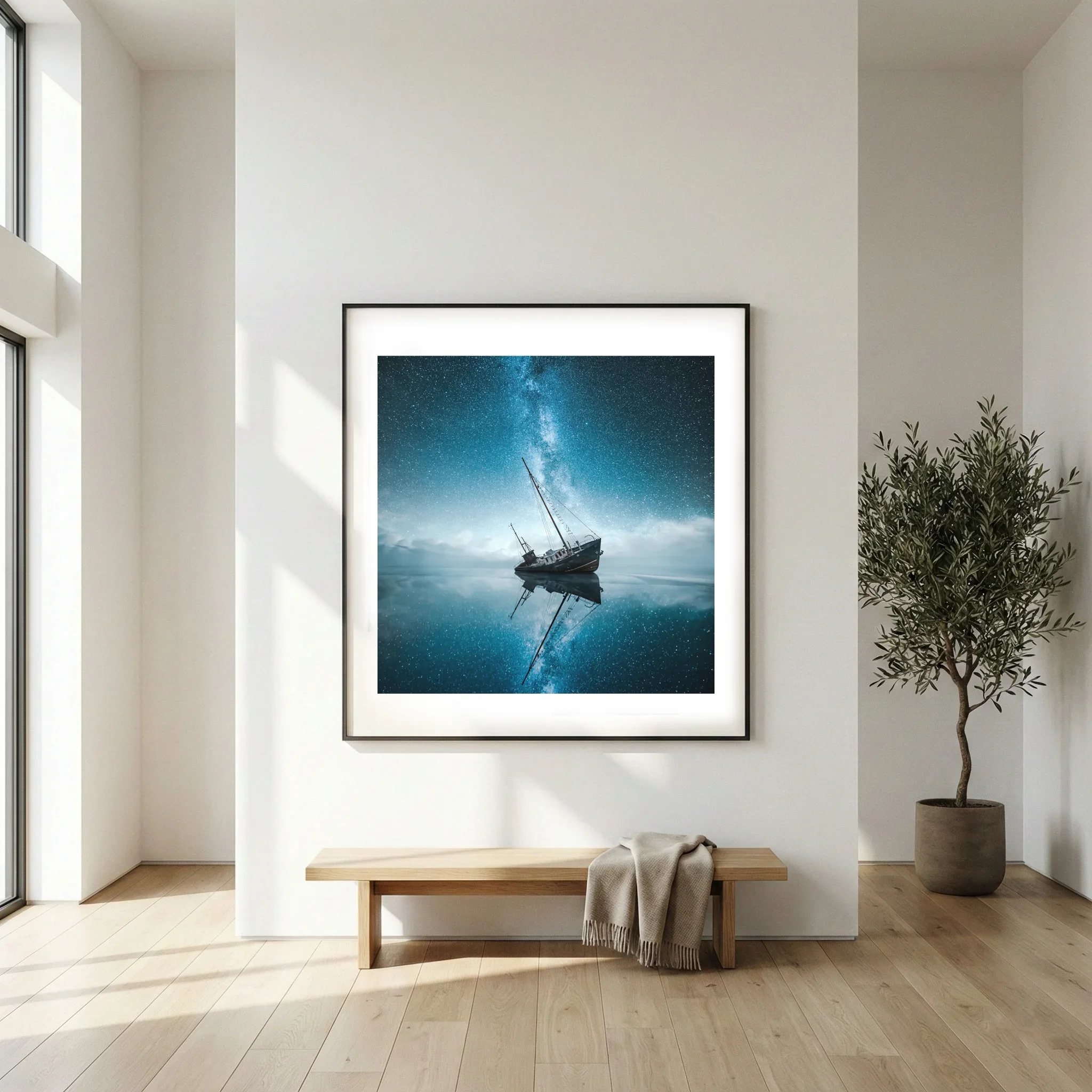 Framed fine art print in a bright interior